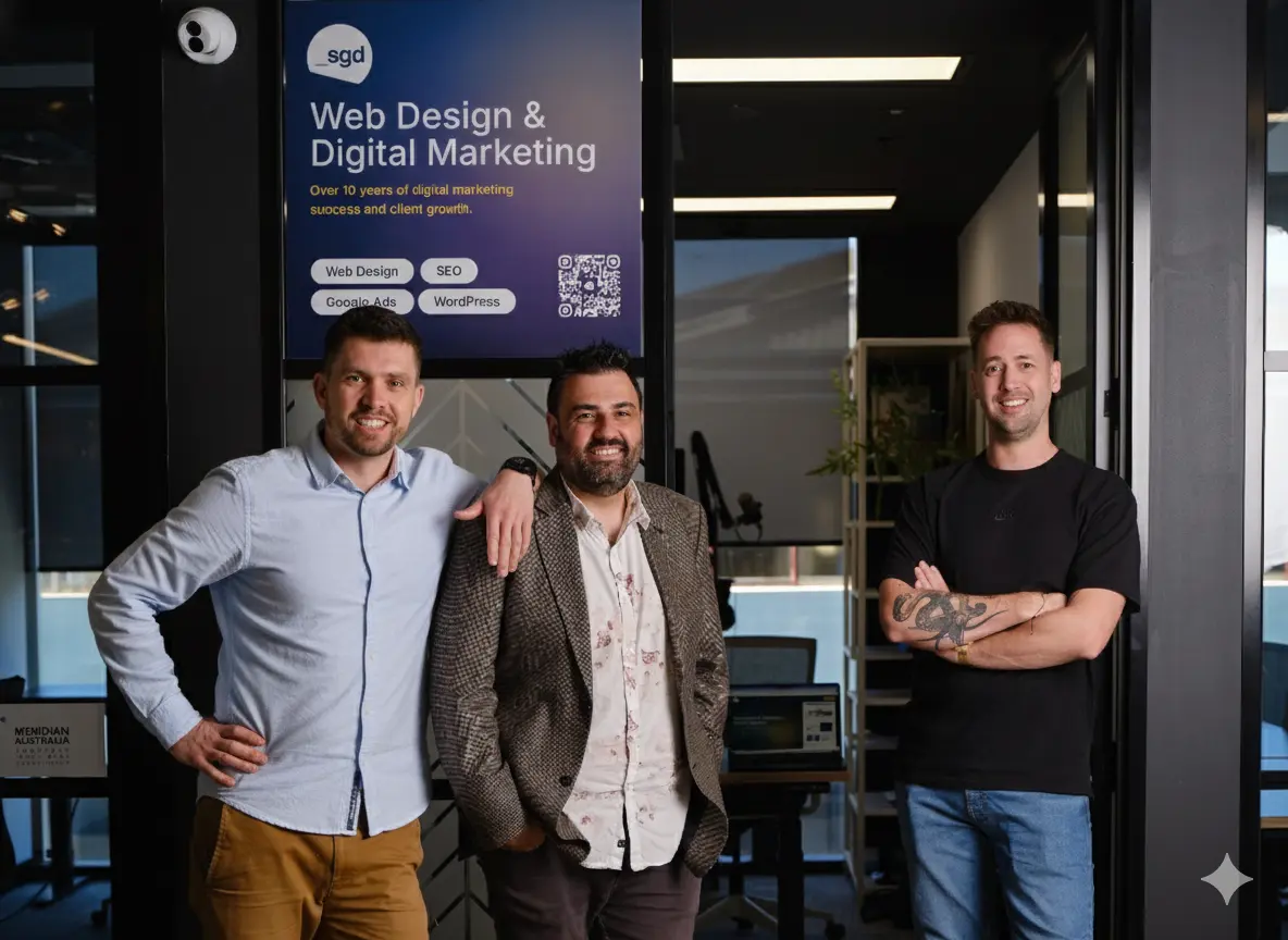 Simon Kelly Ray Milidoni James Fulton standing in front of the Seriously Good Design office in Melbourne