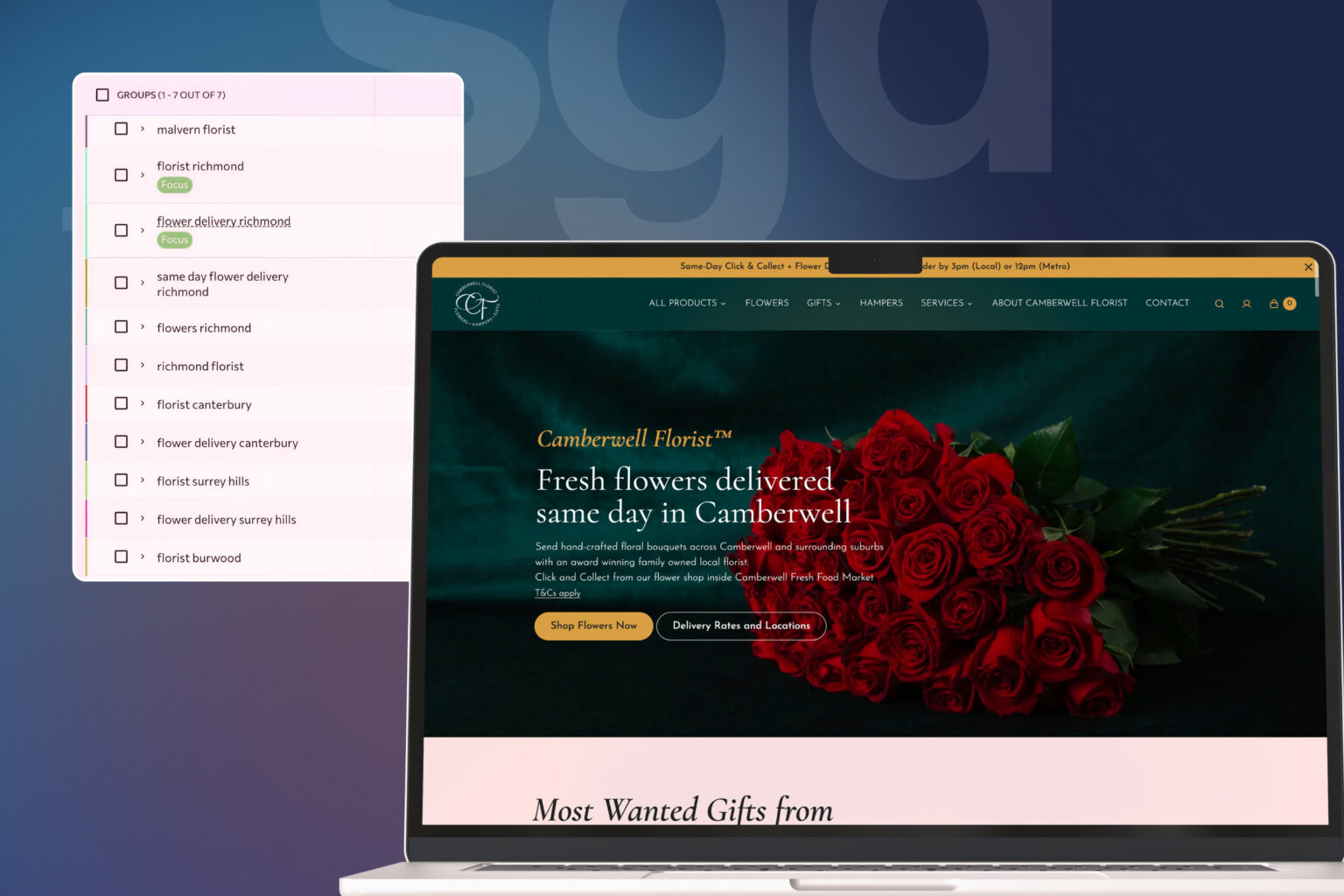 screenshot of keywords + landing page