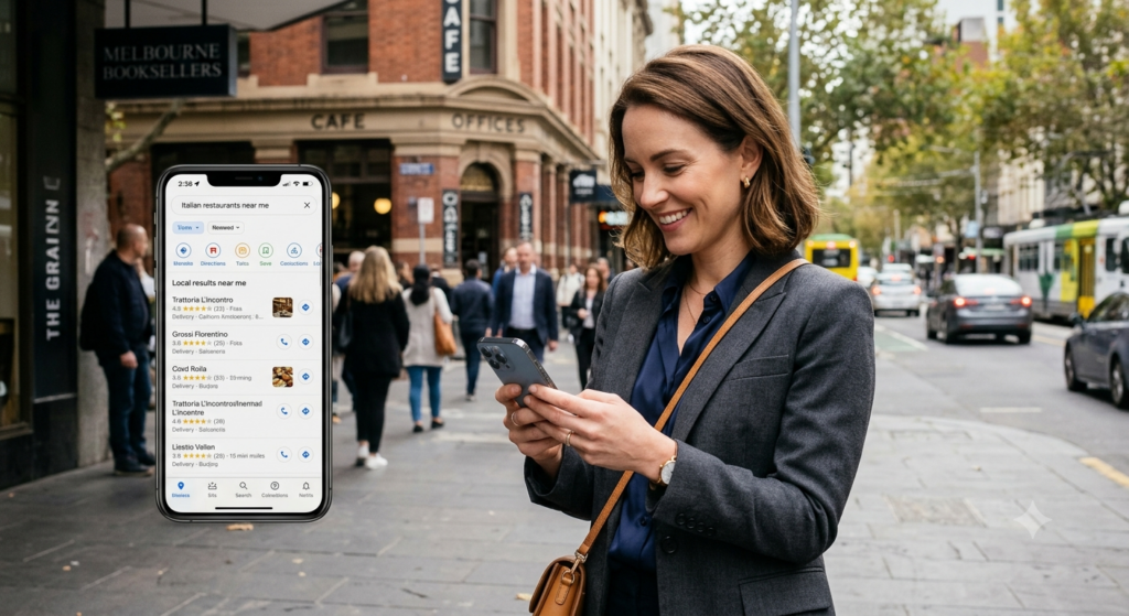 Young professional looking up businesses using AI on their phone in Melbourne