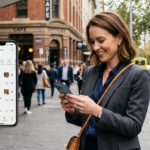 Young professional looking up businesses using AI on their phone in Melbourne