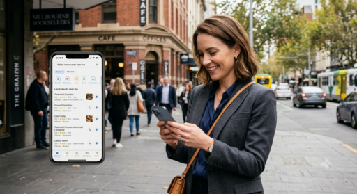 Young professional looking up businesses using AI on their phone in Melbourne