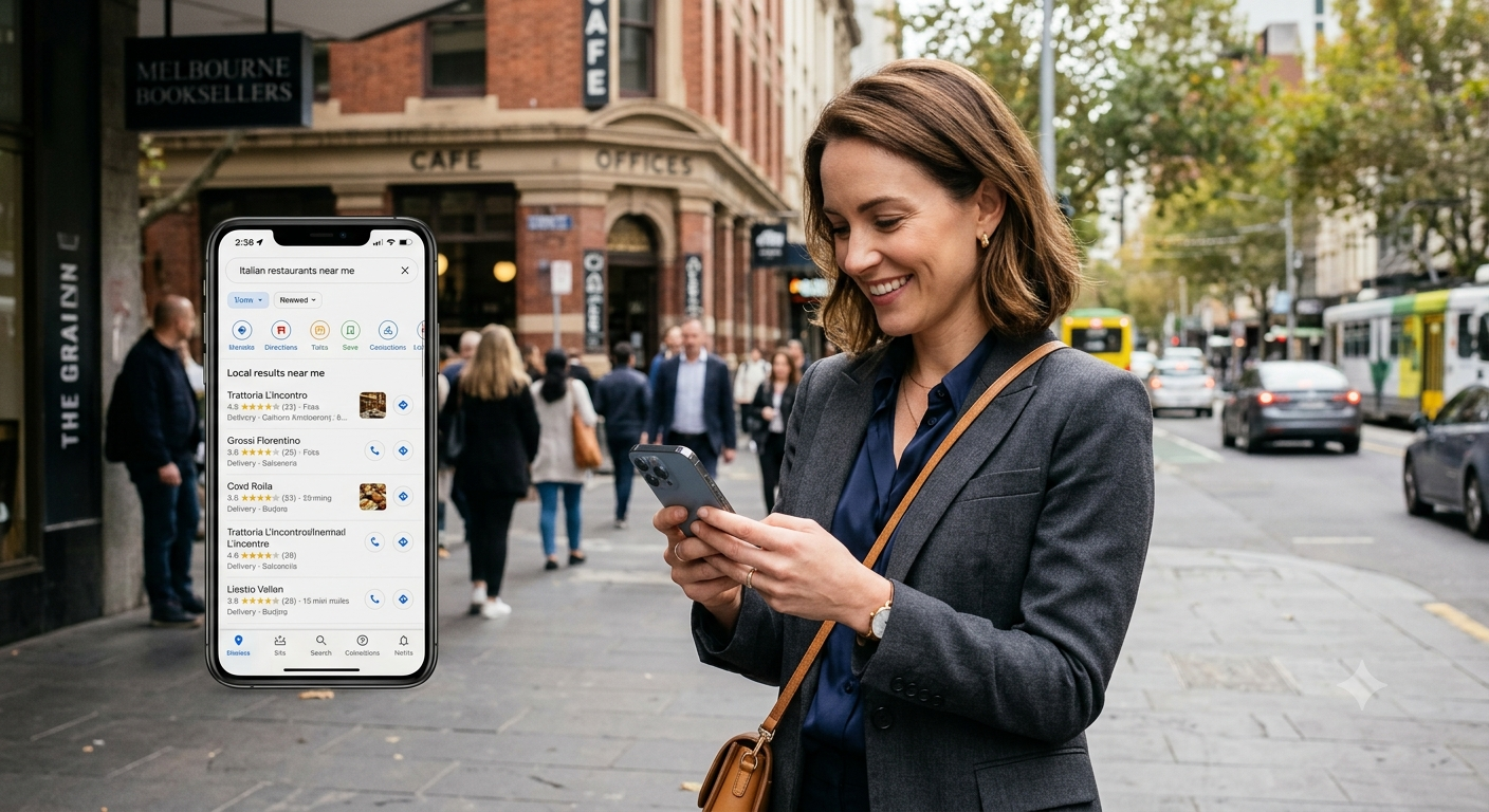 Young professional looking up businesses using AI on their phone in Melbourne